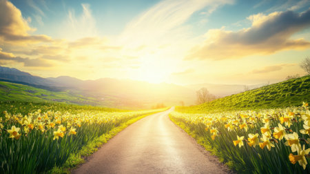 A beautiful road meanders through a vibrant field of blooming daffodils under a stunning sunrise, embodying the essence of springtime serenity.の素材