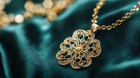 This stunning golden necklace features an intricate floral design, beautifully showcased on a rich green fabric background, exuding elegance and luxury.の素材