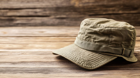 A stylish olive green fabric hat rests on a rustic wooden surface, showcasing natural textures perfect for outdoor adventures and casual fashion.の素材