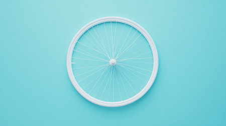 This image features a minimalist white bicycle wheel set against a soft blue background, perfect for creative projects, designs, and art inspiration.の素材