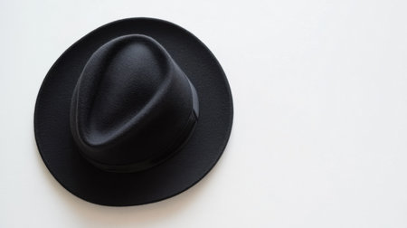 A stylish black fedora hat with a smooth finish lying on a white background, ideal for fashion, lifestyle, and formal wear photography.の素材
