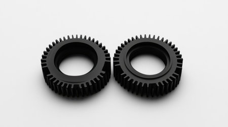 This image features two black gear elements prominently displayed on a clean white background, perfect for projects related to engineering, mechanics, and technology.の素材