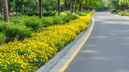 A picturesque garden pathway flanked by vibrant yellow flowers creates a tranquil atmosphere in an inviting outdoor setting. Perfect for nature lovers.の素材