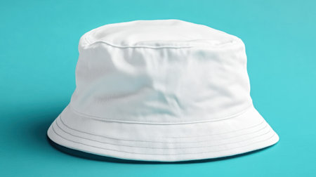 A stylish white bucket hat set against a vivid blue background, perfect for showcasing summer fashion trends and outdoor activities in photography.の素材