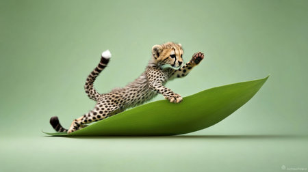 A charming cheetah cub playfully poses on a large green leaf against a soft background. This delightful wildlife image captures the fun and curiosity of young animals.の素材