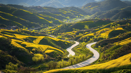A breathtaking view of a winding road snaking through lush hills adorned with vibrant yellow flowers against a backdrop of green hills under a stunning blue sky.の素材