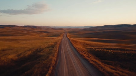 A captivating view of a long, dusty road meandering through vast, golden grasslands under a warm sunset sky, evoking feelings of tranquility and adventure.の素材