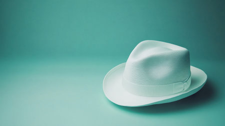 A minimalist photograph featuring an elegant white fedora hat placed on a soft turquoise background, perfect for fashion and lifestyle themes.の素材