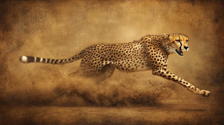 This striking image features a cheetah sprinting across a dusty landscape, showcasing its incredible speed and agility. The dynamic energy captured highlights the grace and power of this magnificent predator in its natural habitat.の素材