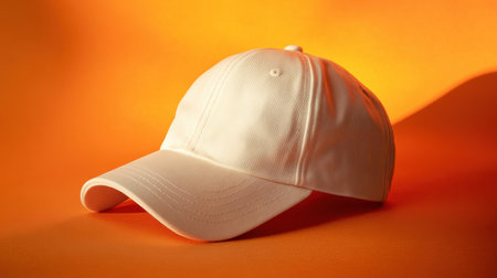 A minimalistic off-white baseball cap rests on a vibrant orange background. The soft shadows and highlights enhance its stylish design, making it a perfect accessory for any casual outfit or promotional use.の素材