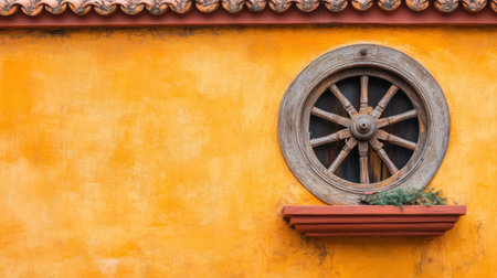 This captivating image features a rustic wooden wheel set against a vibrant yellow wall, complemented by a terracotta planter with lush greenery, highlighting unique architectural details.の素材