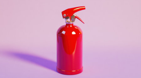 This image features a bright red fire extinguisher placed against a soft pink and purple background, symbolizing safety and emergency preparedness in vibrant decor.の素材