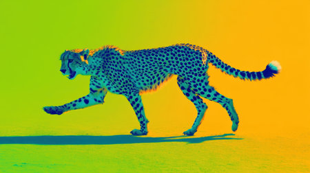 A colorful cheetah demonstrating its remarkable speed and agility against a vivid yellow and blue backdrop, capturing the essence of wildlife in action.の素材