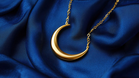 A stunning gold crescent moon necklace elegantly placed on rich blue satin fabric, highlighting its beauty and intricate design, perfect for fashion lovers.の素材