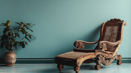 A beautifully crafted wooden lounge chair with intricate carvings rests against a soothing teal wall, complemented by a green plant, perfect for a peaceful retreat.の素材