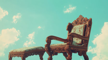 This image features an elegant vintage chair set against a beautiful cloudy sky, showcasing exquisite craftsmanship and design. The chair invites creativity and inspiration.の素材