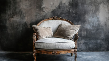 An elegant vintage chair featuring plush cushions stands against a textured dark wall, offering a sophisticated touch for interior design concepts and cozy atmospheres.の素材