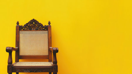 A vintage wooden chair stands elegantly against a bright yellow wall, offering a perfect blend of classic design and modern charm, suited for various settings.の素材
