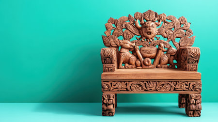This intricately carved wooden chair features a nature-inspired motif, offering a striking design element against a vibrant teal background, perfect for decor.の素材