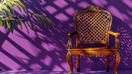 This image features an elegant vintage wooden chair set against a rich purple wall, beautifully lit to create striking shadow patterns from a leafy tropical plant, providing a warm and inviting ambiance.の素材