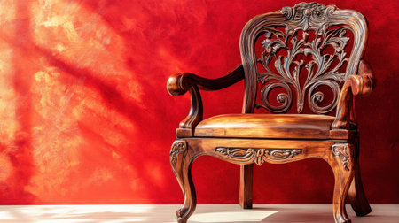 This image showcases an elegant wooden chair with stunning carvings, placed against a bold red wall. It embodies craftsmanship and style, ideal for decor.の素材