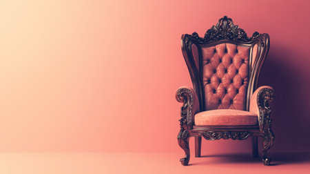 A beautifully crafted vintage armchair with intricate details rests against a soft pastel backdrop, adding an elegant touch to any space. Perfect for interior design use.の素材
