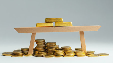 A visually striking image showcasing solid gold bars elegantly balanced on a wooden plank above a mound of coins, symbolizing wealth and financial prosperity.の素材
