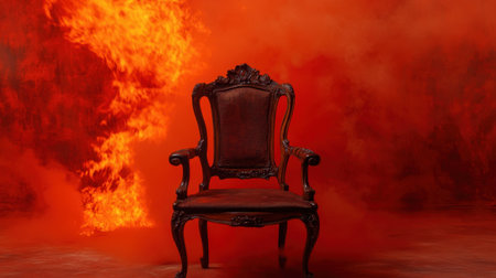 An ornate antique chair stands alone in a vivid scene dominated by fierce flames and dense smoke, creating a striking and dramatic visual atmosphere.の素材