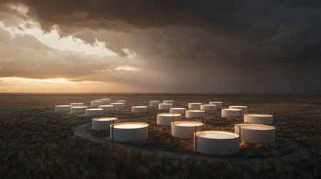 A stunning view of industrial storage tanks illuminated by golden light, set against a dramatic sky filled with dark clouds during sunset.の素材