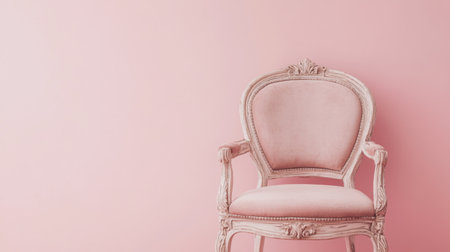 This image features an elegant vintage chair set against a soft pastel pink wall, creating a serene atmosphere that enhances any interior design project.の素材