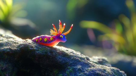 A stunning underwater creature features vibrant colors and intricate patterns, perched on a rock amidst a tranquil ocean environment, showcasing marine beauty.の素材