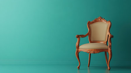 A beautifully crafted vintage chair features an ornate wooden frame and plush seat against a vibrant teal wall, adding elegance to any space.の素材
