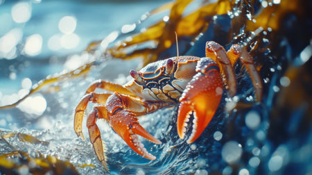 This vibrant image captures a crab resting on seaweed, showcasing its bright colors and intricate details. The clear ocean background adds a serene atmosphere.の素材