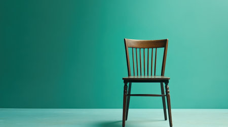 A solitary wooden chair stands against a solid teal wall, capturing a minimalist aesthetic perfect for interior design projects or advertising materials.の素材