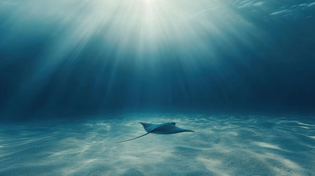 An elegant stingray gracefully swims through the serene blue waters of the ocean, illuminated by striking rays of sunlight breaking through the surface, showcasing nature's beauty.の素材