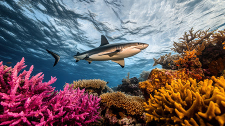 A stunning shark glides through a colorful coral reef, showcasing vibrant coral formations and crystal clear water. This image captures marine life in its natural habitat, highlighting the beauty and diversity of ocean ecosystems. Perfect for those interested in underwater exploration and marine conservation.の素材