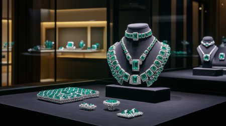 This stunning image showcases an elegant display of emerald and diamond jewelry, highlighting its vibrant colors and intricate design in a luxurious boutique setting.の素材