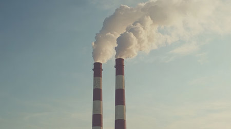 This image features a striking industrial scene showcasing two tall chimneys releasing white smoke into the clear sky, symbolizing energy production.の素材