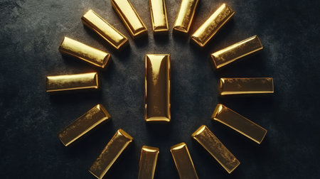 This image features a striking arrangement of shiny gold bars placed in a circular pattern on a dark background, symbolizing wealth and prosperity.の素材
