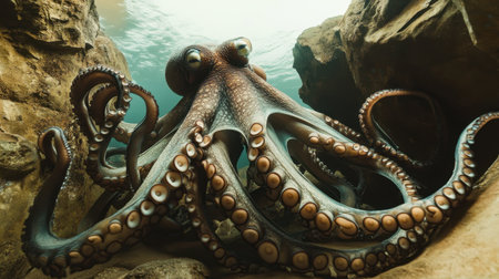 This captivating image showcases an octopus navigating its rocky underwater habitat, highlighting its vibrant colors and intricate patterns.の素材