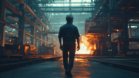 An industrial worker in helmet walks toward a blazing fire in a vast factory. The image captures the essence of dedication and the dynamic environment of manufacturing.の素材