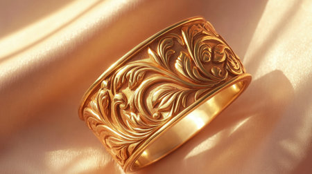 This stunning gold ring showcases intricate floral designs, highlighting its craftsmanship and elegance. Perfect for fashion and jewelry enthusiasts.の素材
