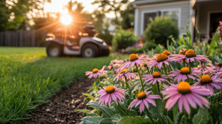 A stunning summer garden scene featuring vibrant pink flowers in the foreground and a lawn care equipment in the background under warm sunset light.の素材