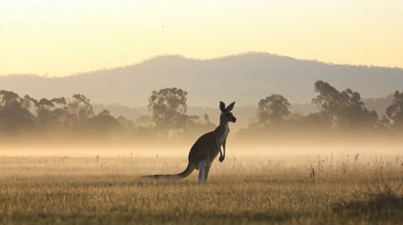 A lone kangaroo stands gracefully in the misty landscape of the Australian countryside, framed by gentle hills at sunrise. This serene scene captures the essence of wildlife in a tranquil morning setting.の素材