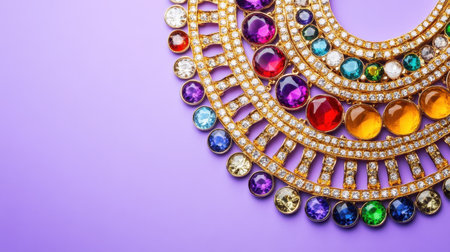 This stunning necklace features vibrant gemstones set against a lavender background, perfect for showcasing elegance and luxury in fashion presentations.の素材