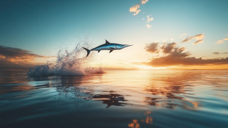 A stunning marlin leaps out of the ocean at sunrise, creating a beautiful splash as it dives back into reflective waters. This scene captures the essence of nature's beauty and adventure.の素材