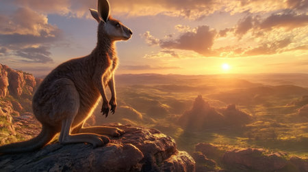A majestic kangaroo stands silhouetted against a breathtaking sunset, showcasing the natural beauty of the Australian landscape at dusk.の素材