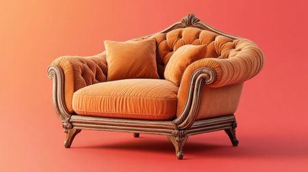 A stunning vintage orange armchair displaying plush upholstery and intricate wooden detailing, perfect for enhancing interior decor with elegance and style.の素材