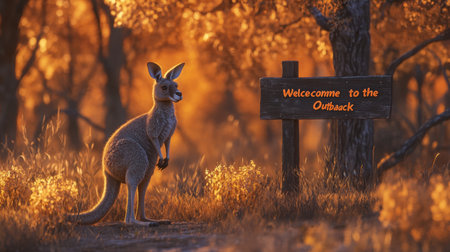 A serene kangaroo stands next to a rustic wooden sign that readsの素材