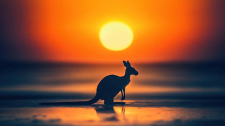 A stunning silhouette of a kangaroo stands gracefully against a vibrant sunset over the beach, capturing the essence of nature's beauty during twilight.の素材
